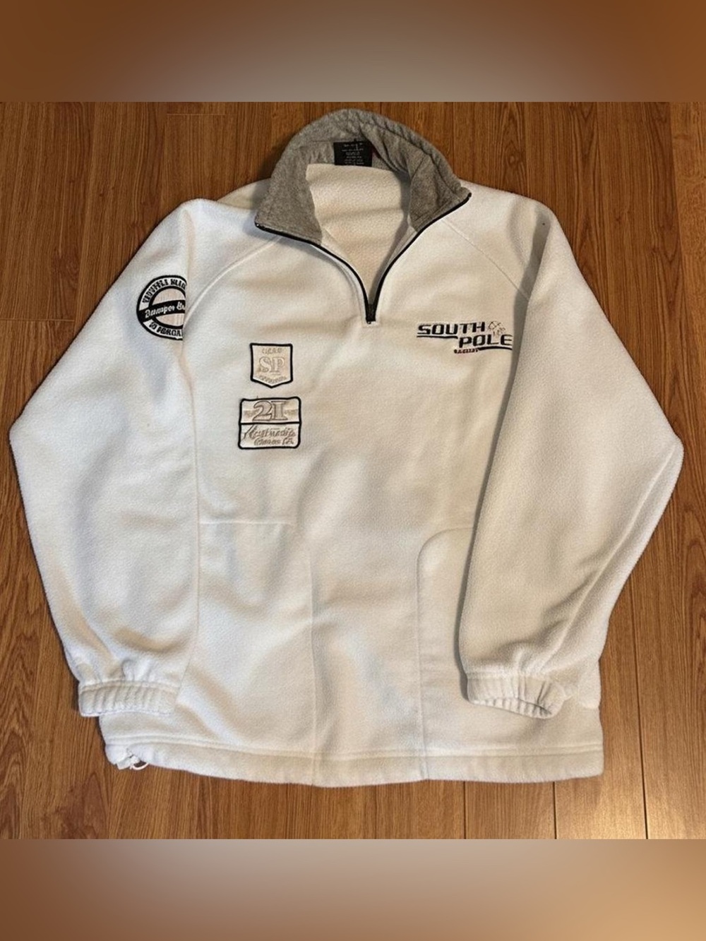 Y2K Southpole White & Gray Embroidered 1/4 Fleece Sweater with Adjustable Sides